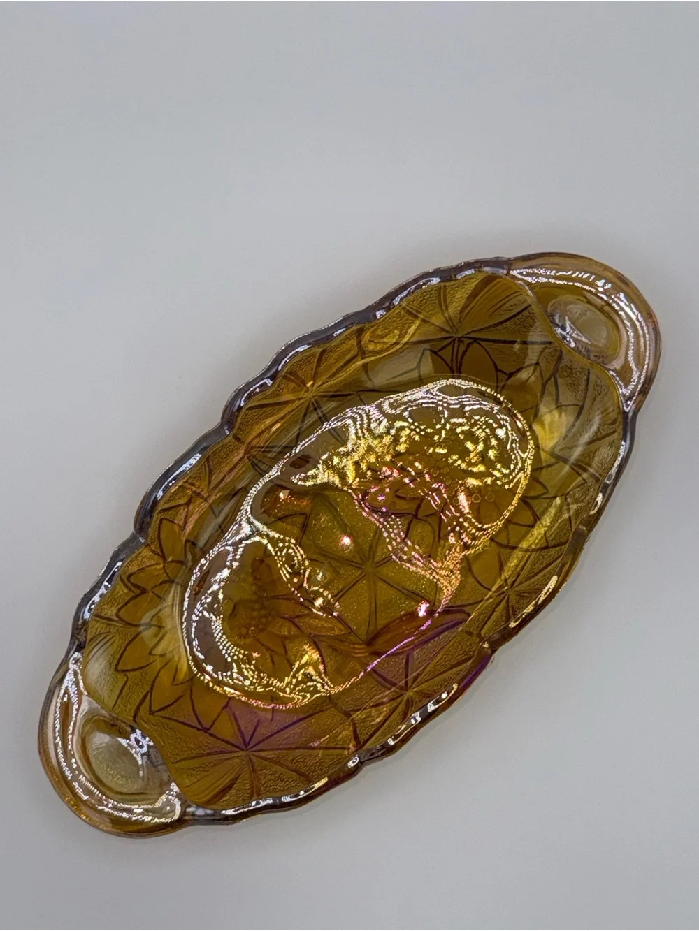 Vintage Indiana Glass Amber Iridescent Floral Celery Serving Dish